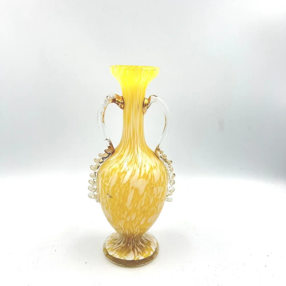 Antique Czech Welz Ruckl Tomschick Spatter Glass Vase w/ Enamel‎ & Rigaree